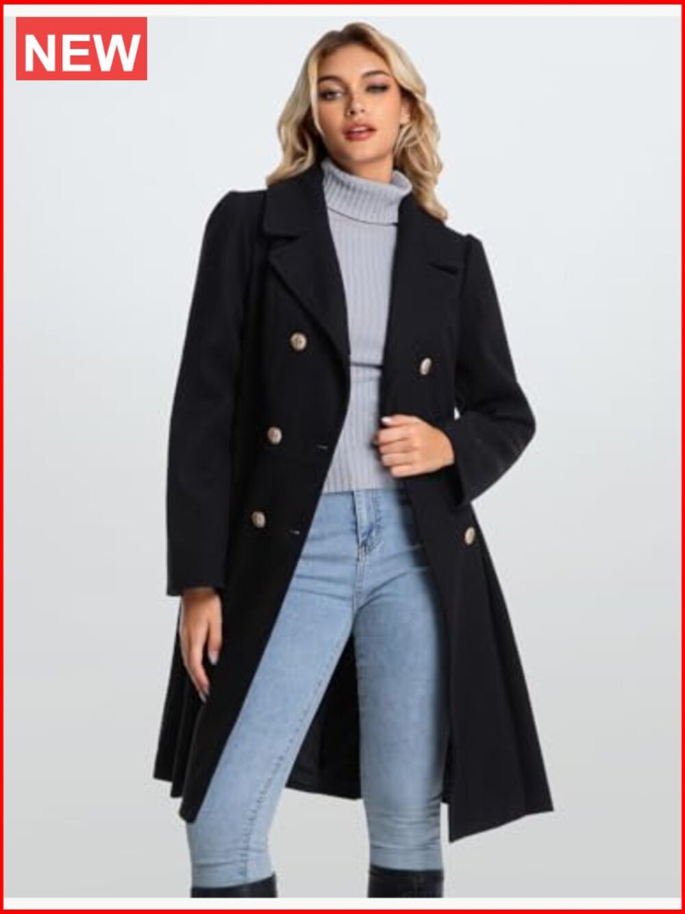 Double Breasted Lapel Trench Coat with Pockets A-Line - Picture 6 of 7